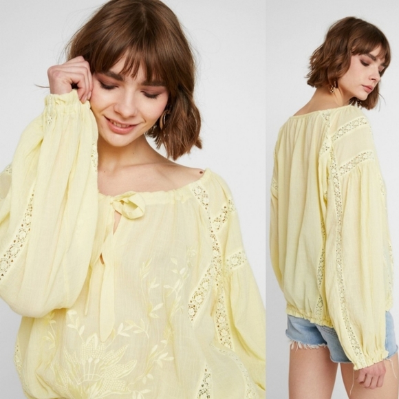 Free People Tops - FREE PEOPLE Maria Maria Crochet Boho Embroidered Blouse Yellow